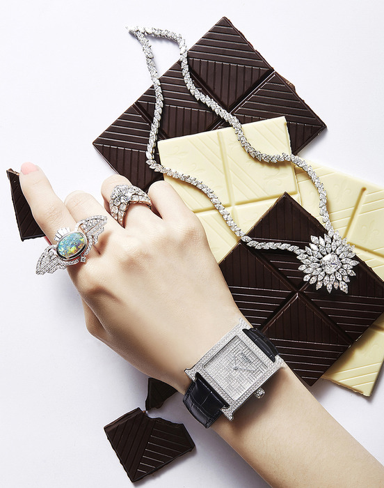 Piaget Extremely Piaget 系列鑽石項鍊;Boucheron (食指)Indian Palace 印度宮殿戒指;De Beers (無名指)Phenomena Frost 3.1克拉高級珠寶鑽戒;Hermès H-our 頂級珠寶鑽錶。